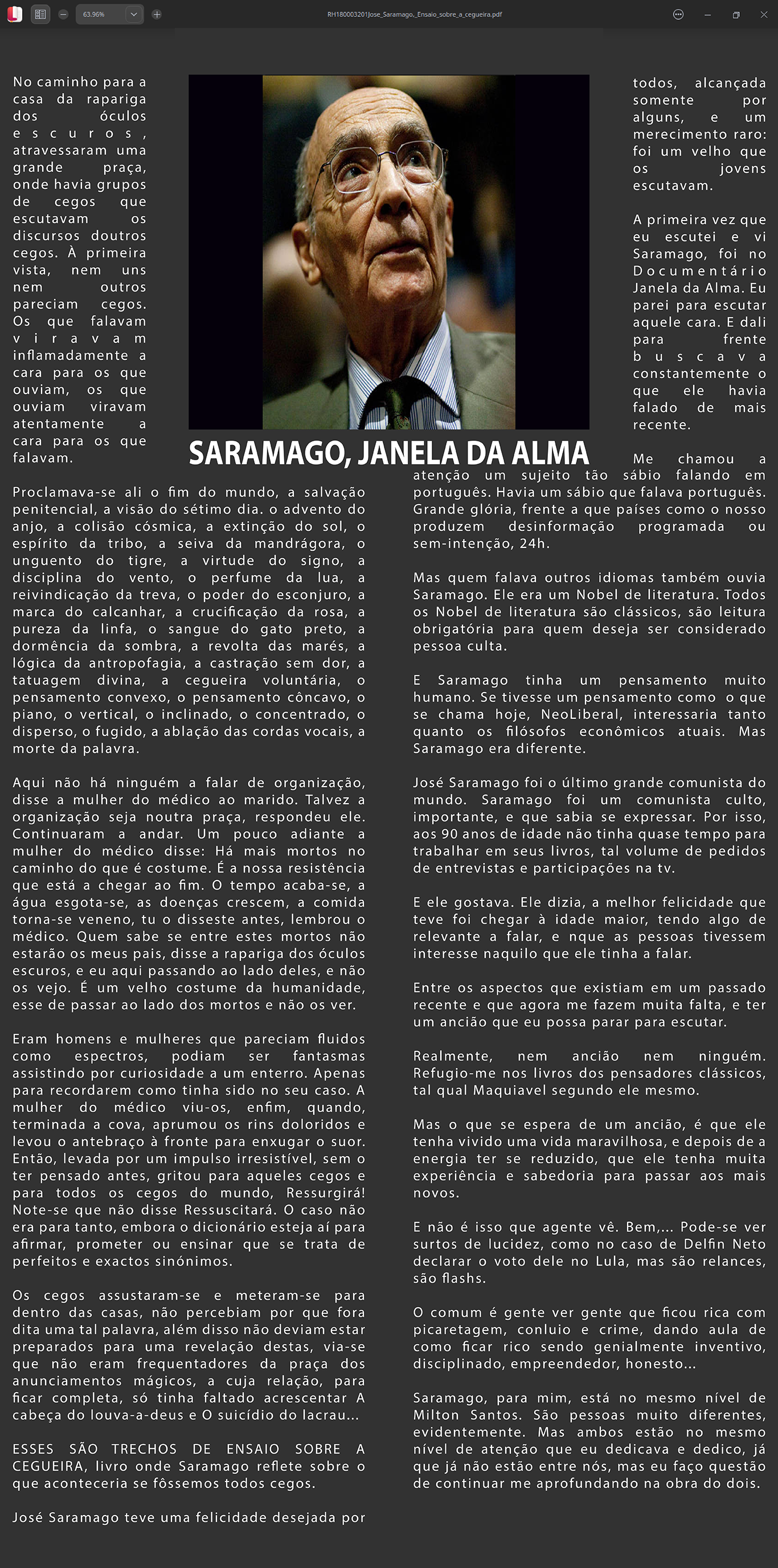 DE LA NO-VIDÊNCIA GENERAL, JOSÉ SARAMAGO